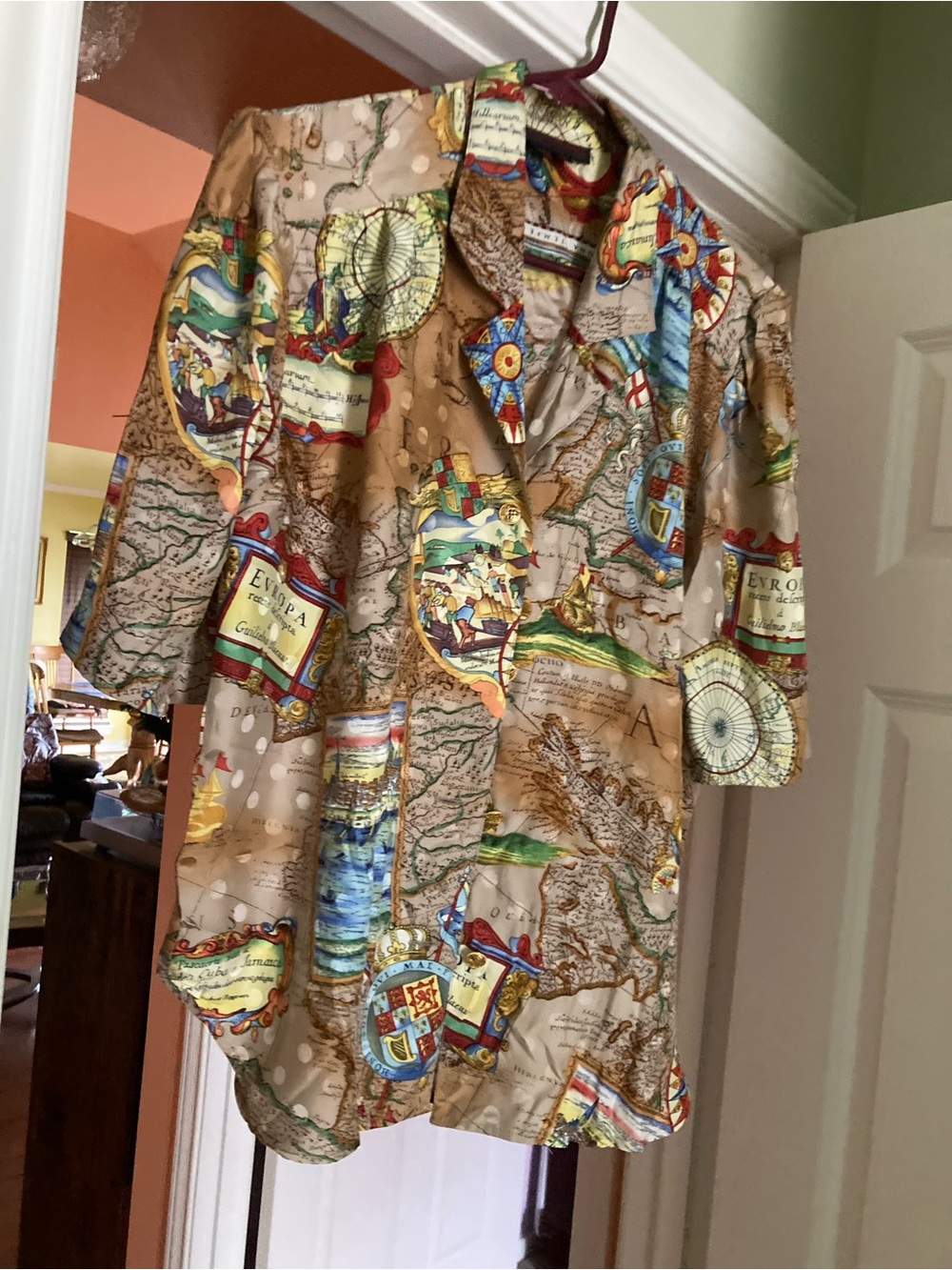 Map-Print Button-Up Blouse in Beige and Multicolor